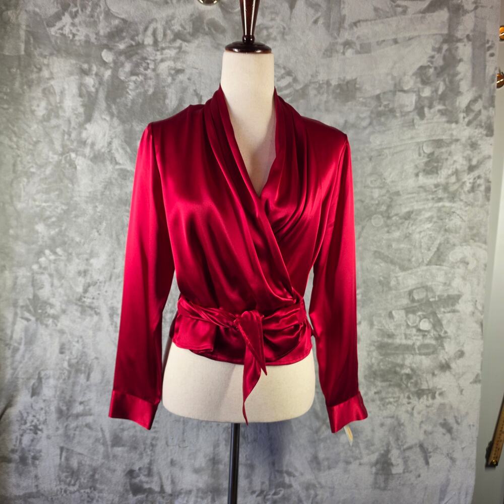 NWT Talbots Petites 8P Pure Silk Red Wrap Blouse Long Sleeve Tie Waist